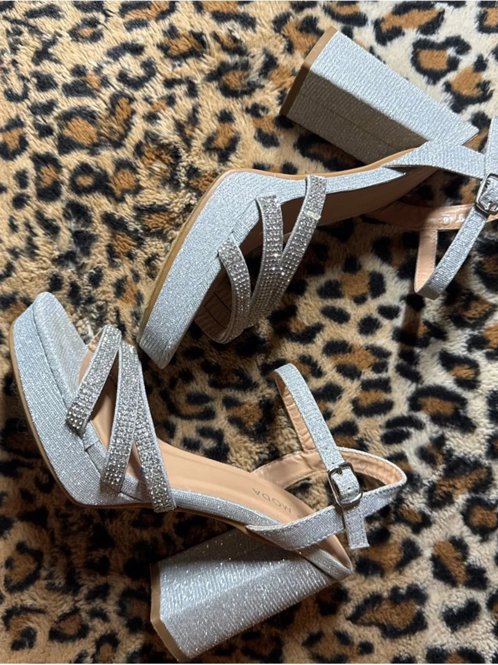 Silver Glitter Platform Block Heel Sandals - Women's